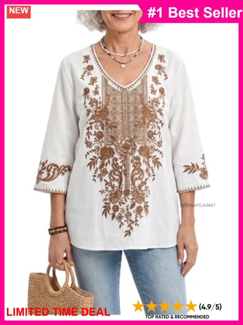 Mexican Embroidered Peasant Blouse 3/4 Sleeve V Neck Cotton Tunic Top